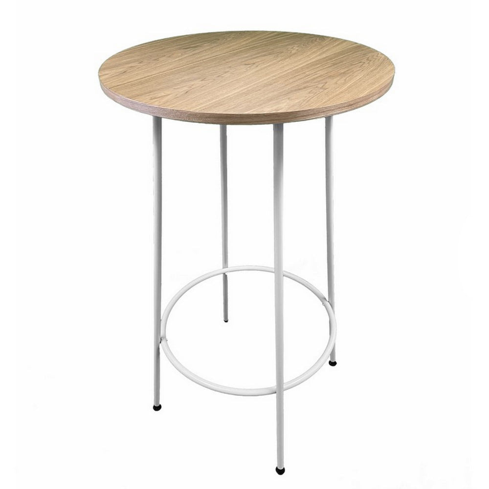 Neni 42 Inch Bar Table Round Natural Brown Wood Top Modern White Metal By Casagear Home BM313538