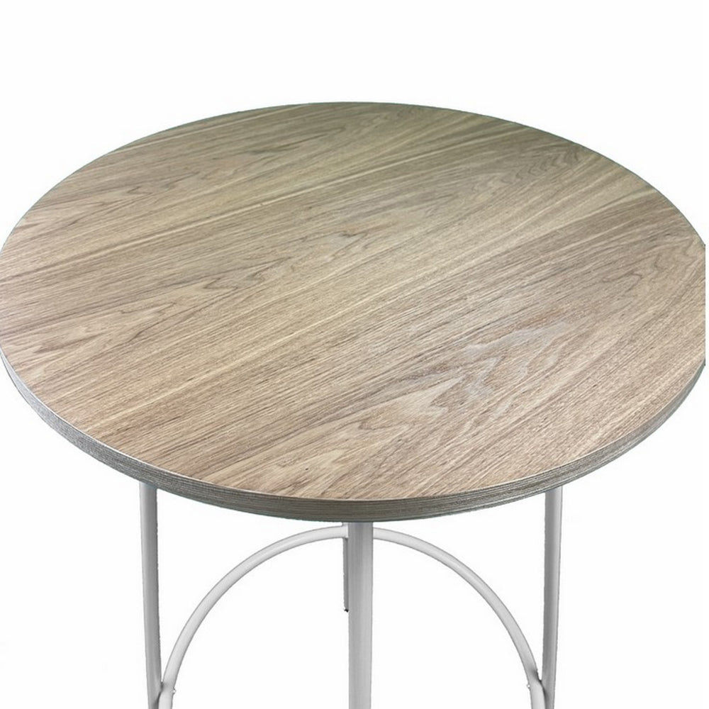 Neni 42 Inch Bar Table Round Natural Brown Wood Top Modern White Metal By Casagear Home BM313538