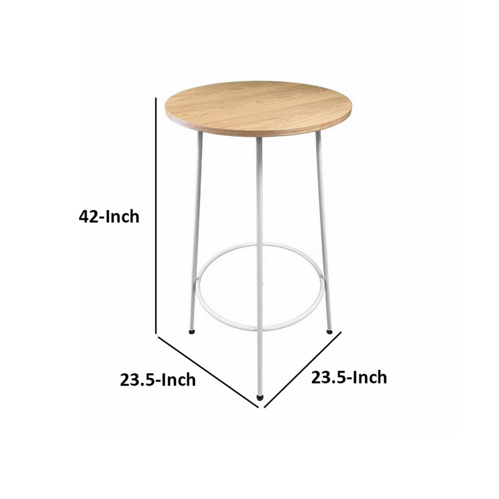 Neni 42 Inch Bar Table Round Natural Brown Wood Top Modern White Metal By Casagear Home BM313538