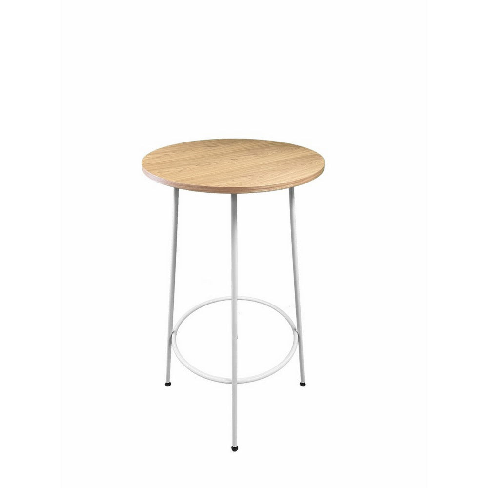 Neni 42 Inch Bar Table, Round Natural Brown Wood Top, Modern White Metal By Casagear Home