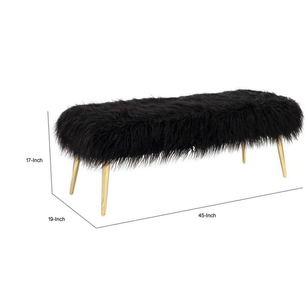 Ammy 45 Inch Bench Black Faux Fur Padded Seat Glam Gold Metal Finish By Casagear Home BM313547