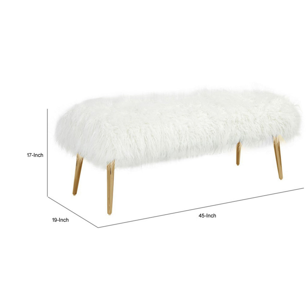 Ammy 45 Inch Bench White Faux Fur Padded Seat Glam Gold Metal Finish By Casagear Home BM313548