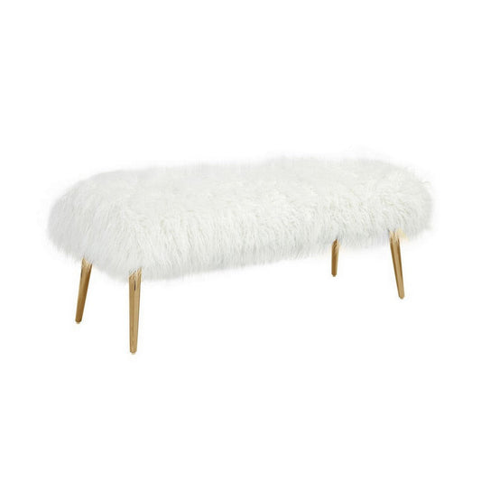 Ammy 45 Inch Bench, White Faux Fur Padded Seat, Glam Gold Metal Finish By Casagear Home