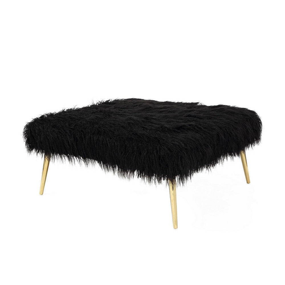 Ammy 36 Inch Ottoman, Black Faux Fur Square Padded Seat, Gold Metal Finish By Casagear Home