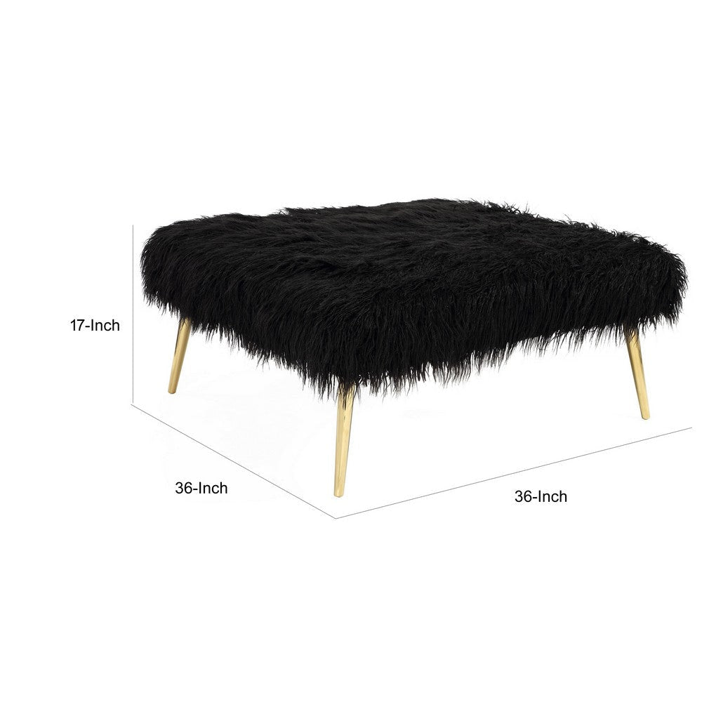 Ammy 36 Inch Ottoman Black Faux Fur Square Padded Seat Gold Metal Finish By Casagear Home BM313549