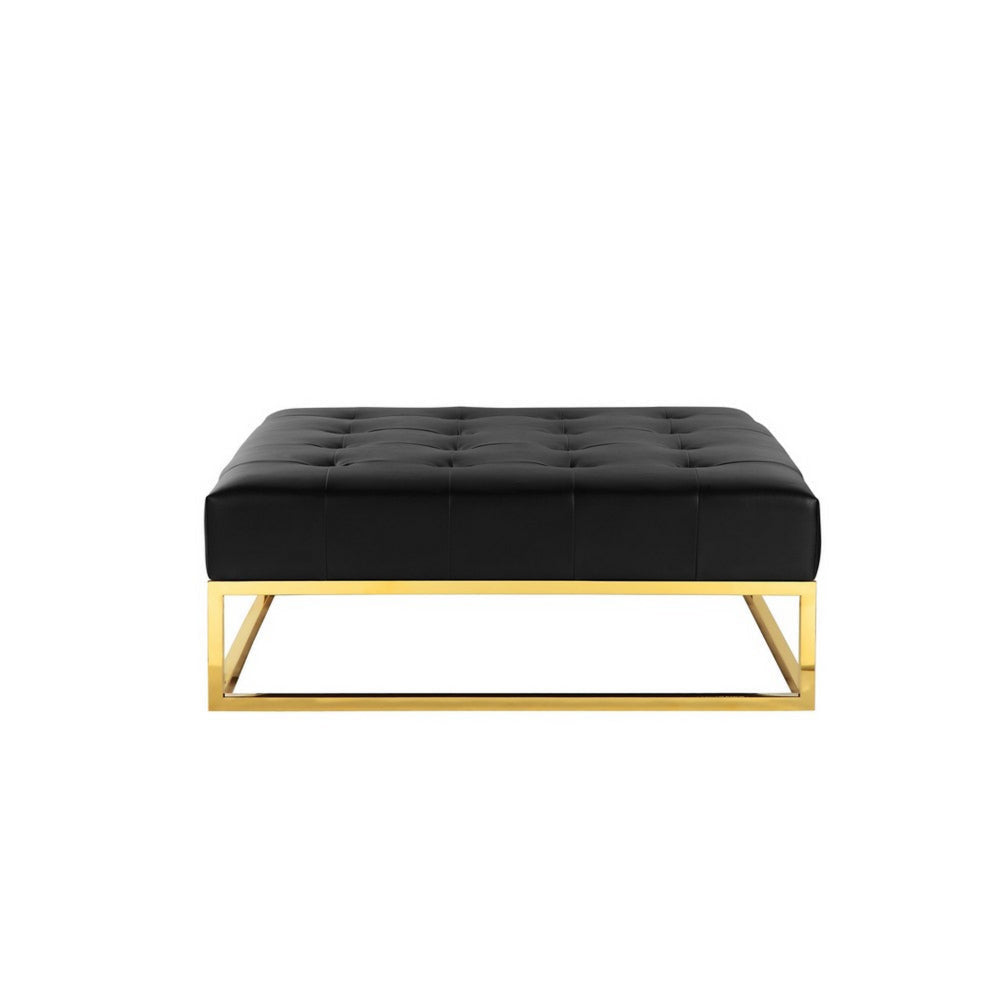 Ipp 40 Inch Ottoman Button Tufted Black Faux Leather Square Padded Gold By Casagear Home BM313554