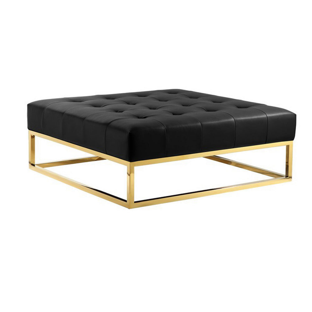 Ipp 40 Inch Ottoman, Button Tufted, Black Faux Leather, Square Padded, Gold By Casagear Home