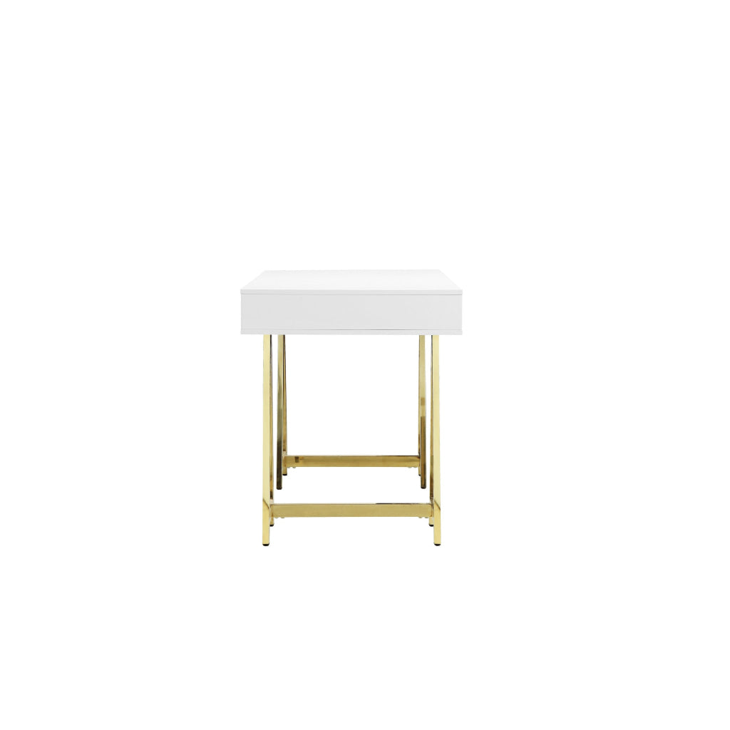 Ile 55 Inch Desk with 3 Storage Drawers White Wood Veneer Gold Metal By Casagear Home BM313559