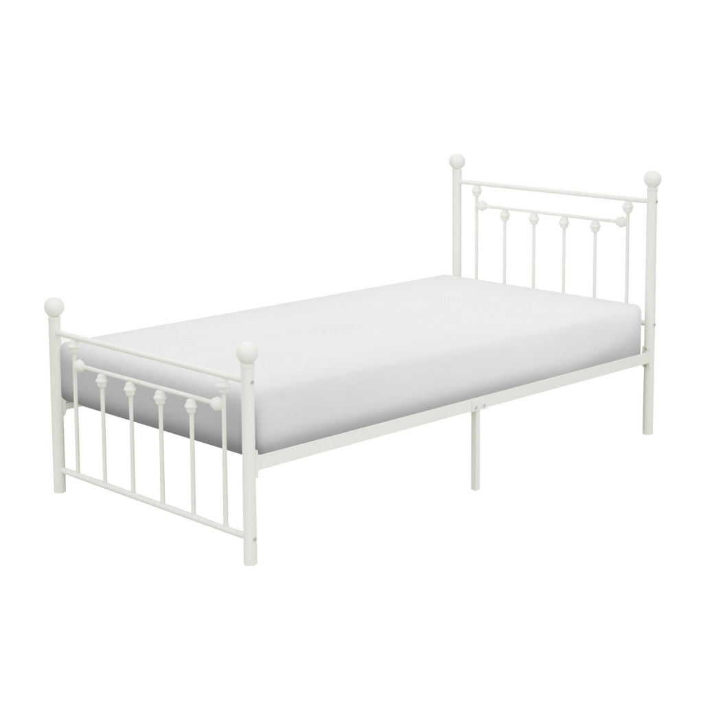 Leu Twin Platform Bed Open Slatted Frame with Ball Finials White Metal By Casagear Home BM313577