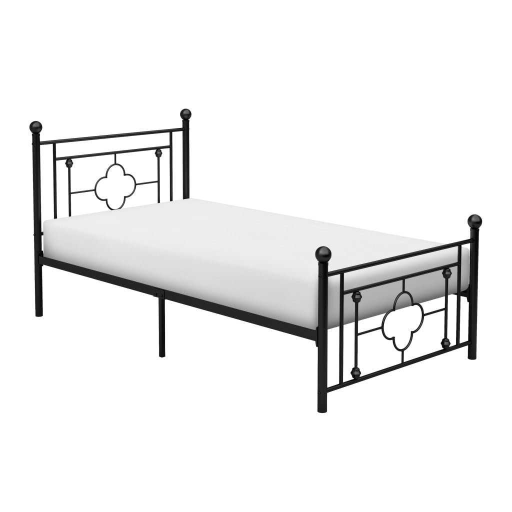 Ayu Twin Platform Bed Quatrefoil Pattern and Ball Finials Black Metal By Casagear Home BM313578