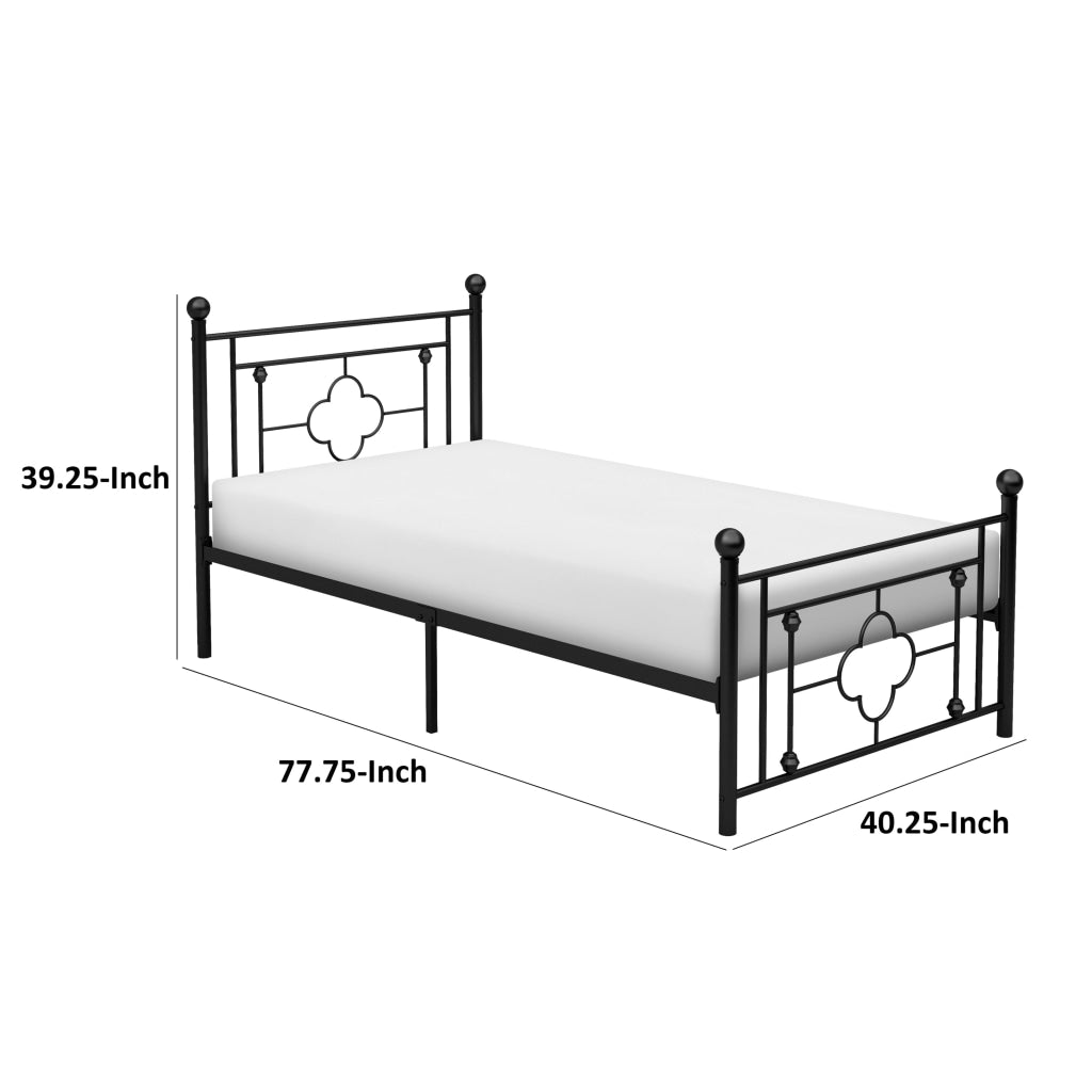 Ayu Twin Platform Bed Quatrefoil Pattern and Ball Finials Black Metal By Casagear Home BM313578