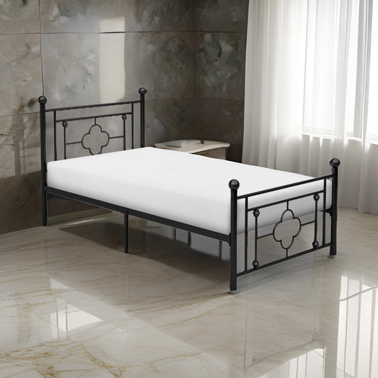 Ayu Twin Platform Bed, Quatrefoil Pattern and Ball Finials, Black Metal By Casagear Home