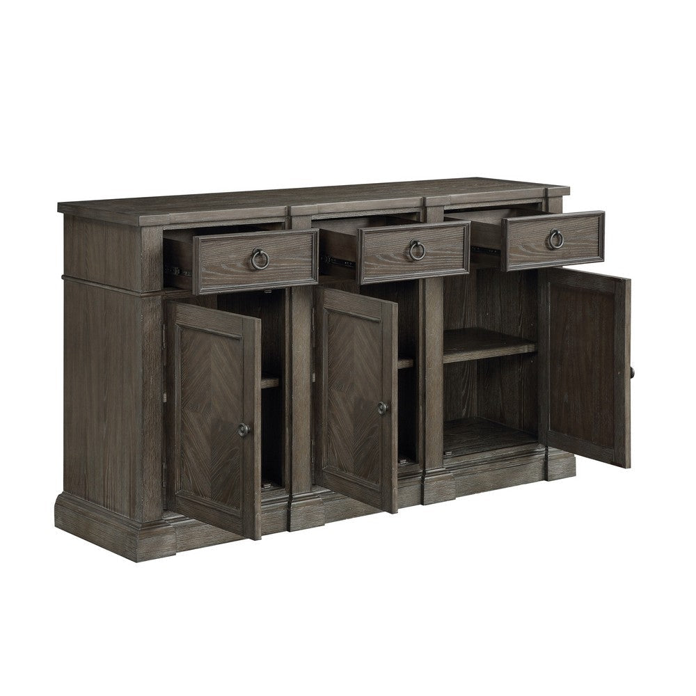 Koa 67 Inch Sideboard Server Console 3 Beveled Drawers Driftwood Brown By Casagear Home BM313587