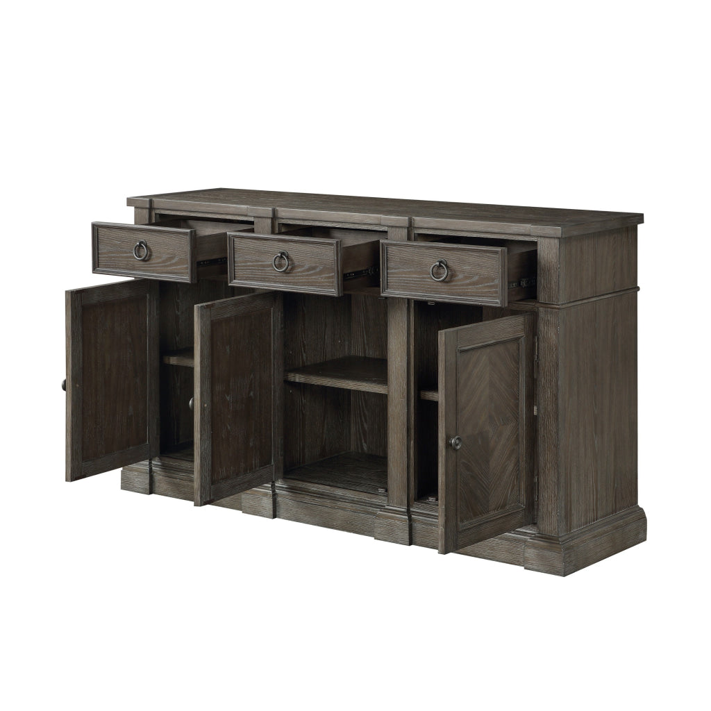 Koa 67 Inch Sideboard Server Console 3 Beveled Drawers Driftwood Brown By Casagear Home BM313587