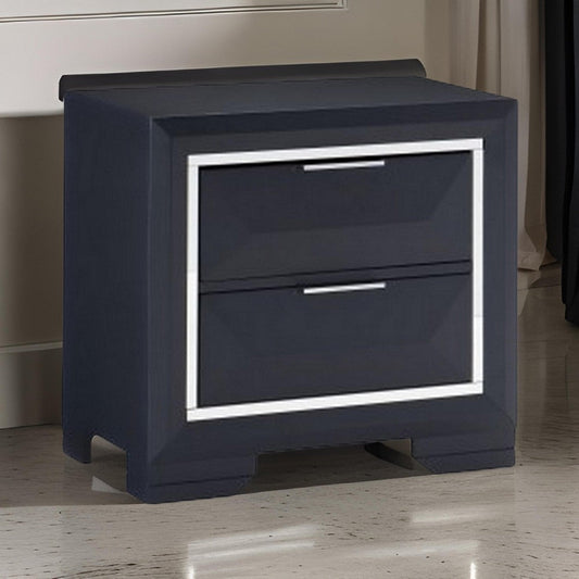 Rosy 27 Inch Nightstand, 2 Drawers, Chrome Accents, Midnight Blue Wood By Casagear Home