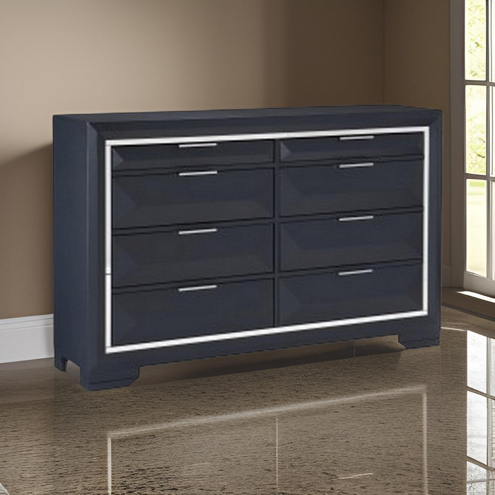 Rosy 60 Inch Dresser 8 Drawers Chrome Metal Accents Midnight Blue Wood By Casagear Home BM313589