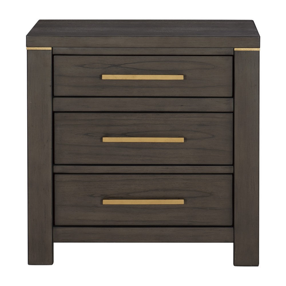 Carie 29 Inch Nightstand 3 Drawers Gold Accent Handles Brown Gray Wood By Casagear Home BM313590