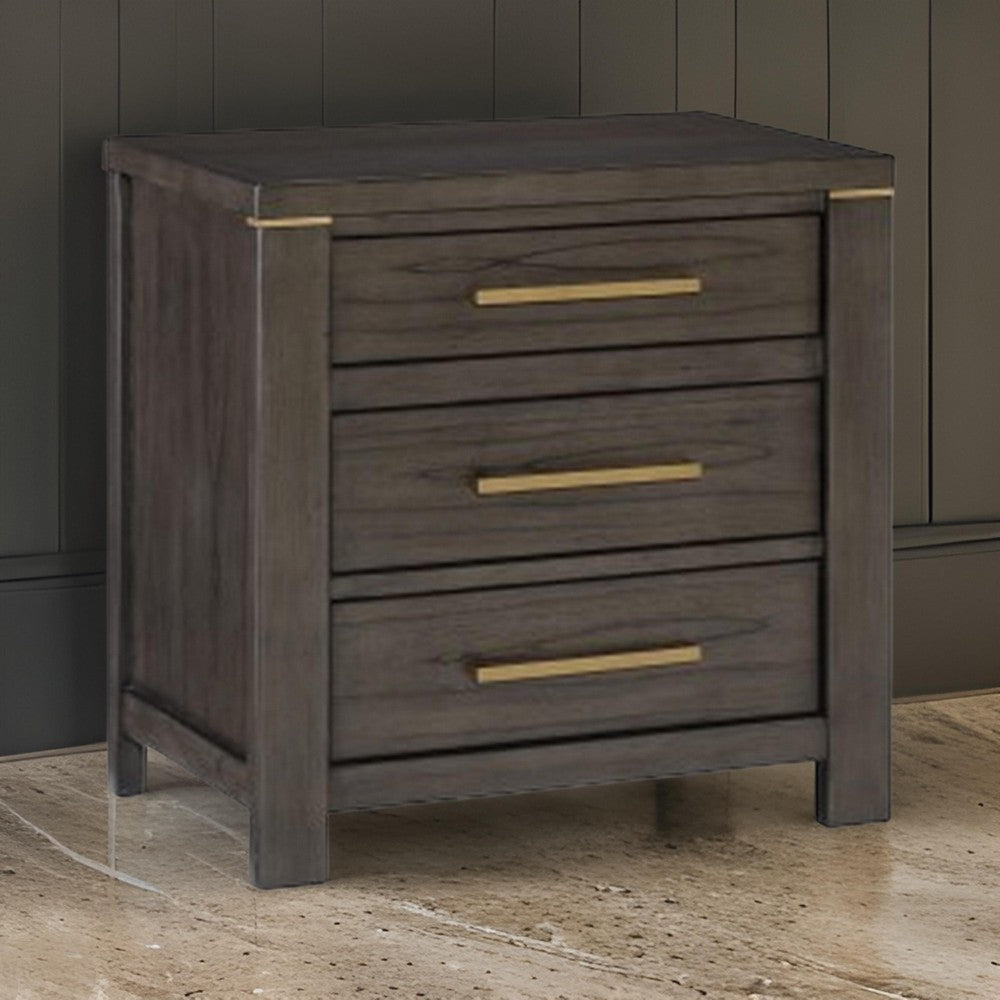 Carie 29 Inch Nightstand, 3 Drawers, Gold Accent Handles, Brown Gray Wood By Casagear Home