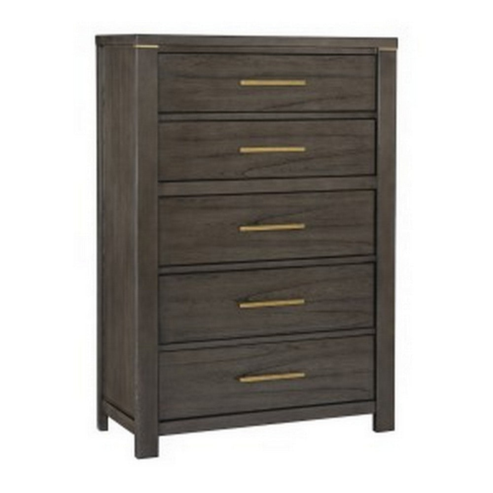 Carie 58 Inch Tall Dresser Chest, 5 Drawers, Gold Handles, Brown Gray Wood By Casagear Home