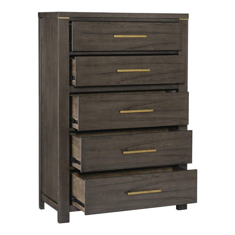 Carie 58 Inch Tall Dresser Chest 5 Drawers Gold Handles Brown Gray Wood By Casagear Home BM313592