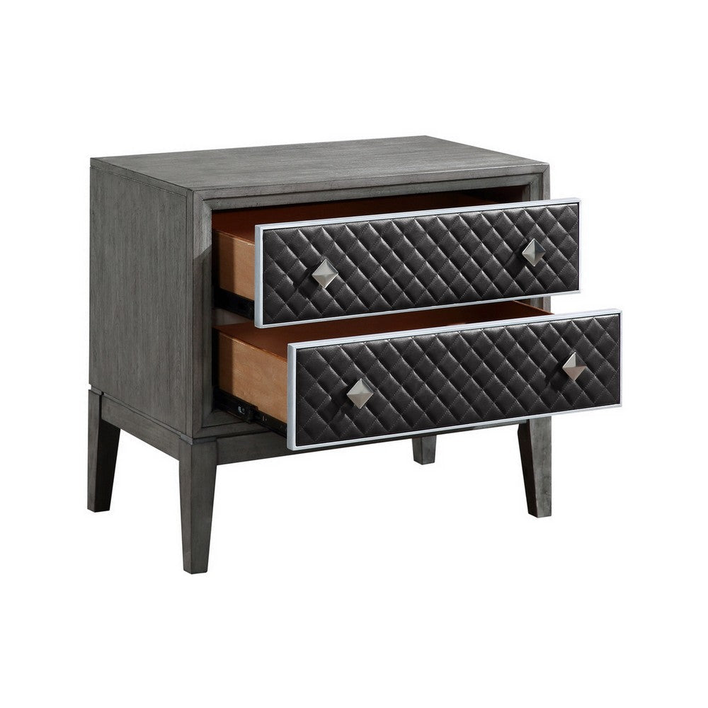 Stacy 29 Inch Nightstand 2 Faux Leather Upholstered Drawers Gray Wood By Casagear Home BM313593