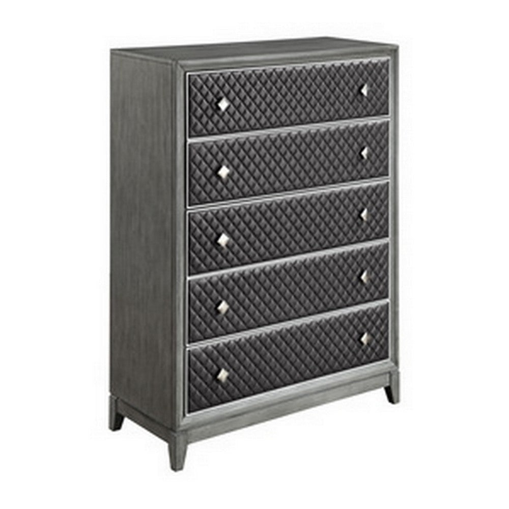 Stacy 55 Inch Tall Dresser Chest, 5 Faux Leather Upholstered Drawers, Gray By Casagear Home