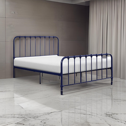 Ethan Queen Size Bed, Classic Open Slatted Metal Frame Design, Blue By Casagear Home