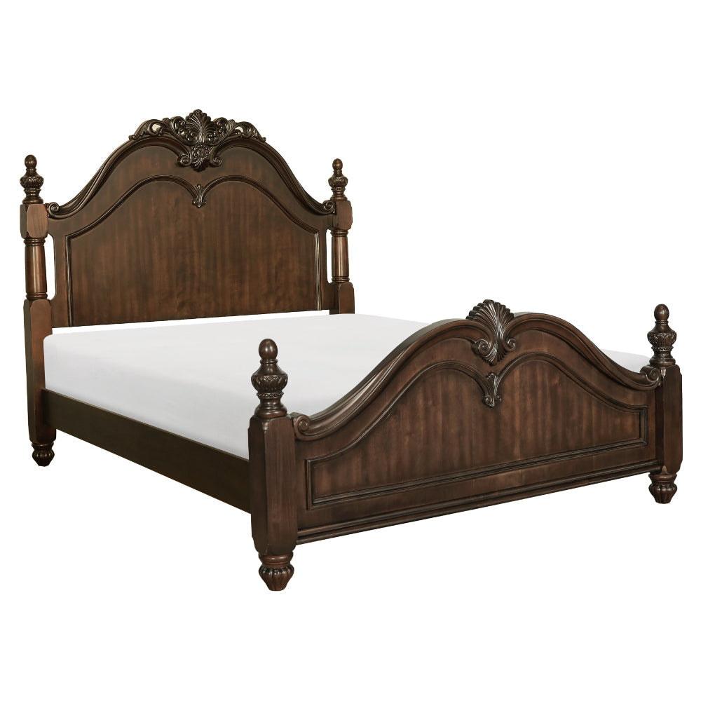 Belvi Queen Size Bed with Tall Headboard, Carved Finials, Brown Solid Wood By Casagear Home