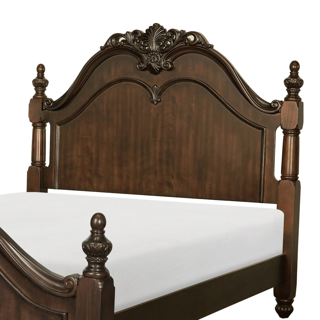 Belvi Queen Size Bed with Tall Headboard Carved Finials Brown Solid Wood By Casagear Home BM313599