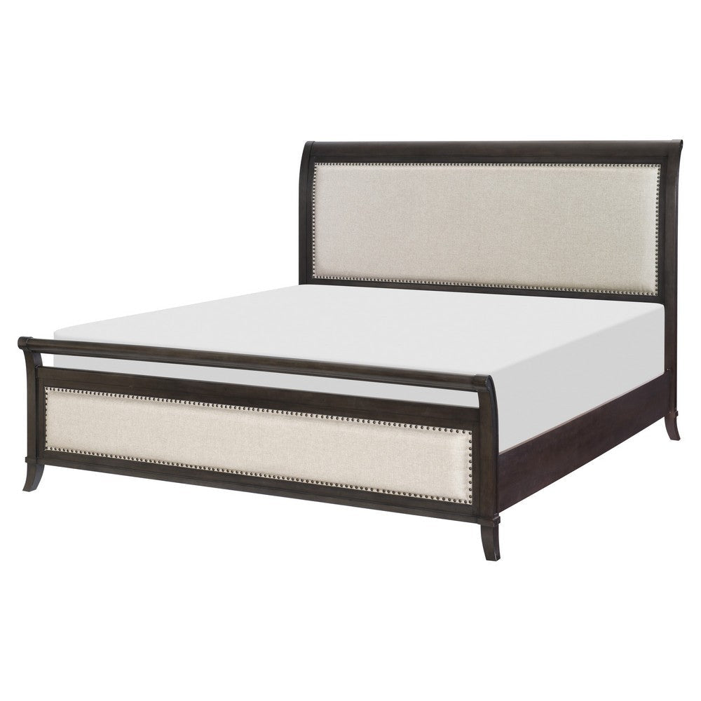 Bron Queen Bed with Sleigh Headboard Design Beige Upholstery Solid Wood By Casagear Home BM313612