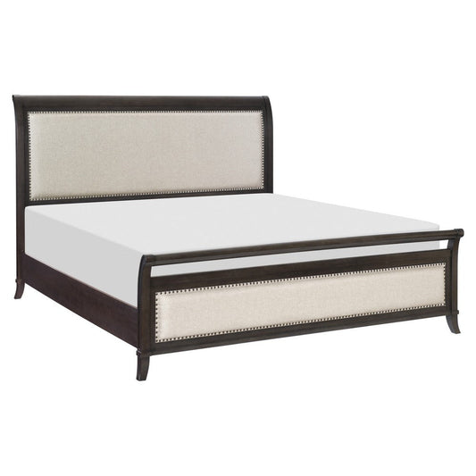 Bron Queen Bed with Sleigh Headboard Design, Beige Upholstery, Solid Wood By Casagear Home