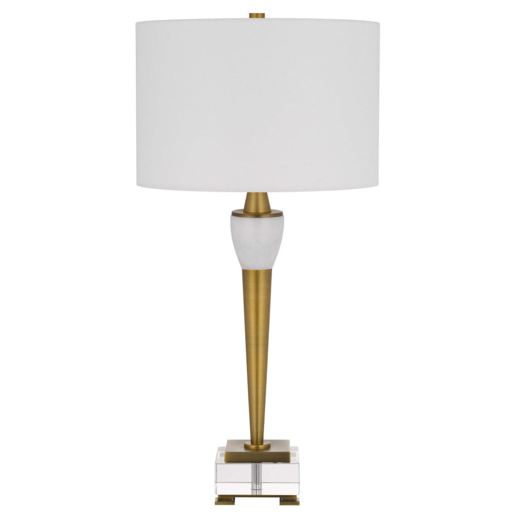 31 Inch Table Lamp with White Drum Shade Clear Crystal Base Brass Finish By Casagear Home BM313621