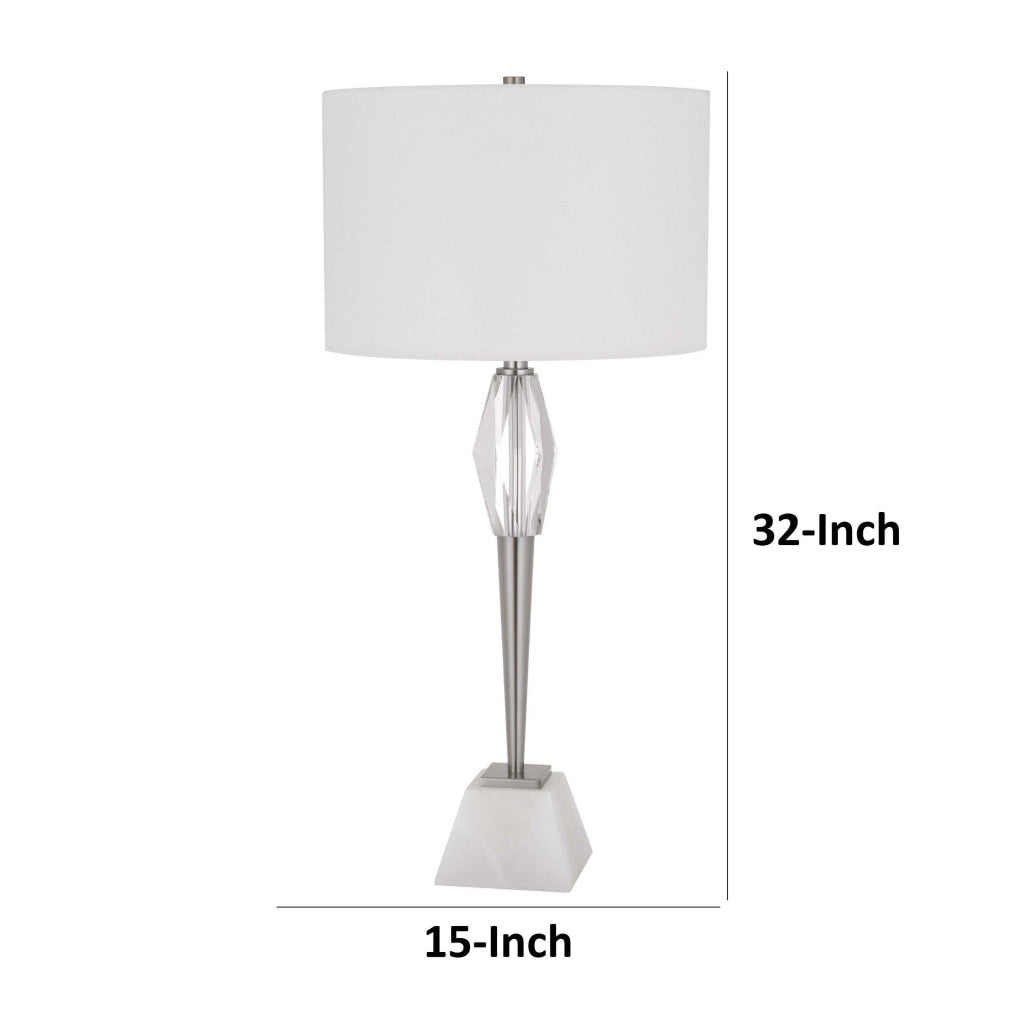 32 Inch Table Lamp with White Drum Shade Marble Base Brushed Steel By Casagear Home BM313622