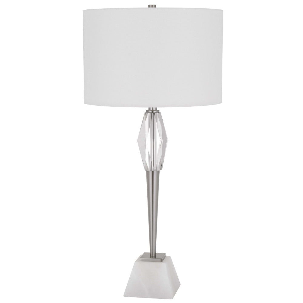 32 Inch Table Lamp with White Drum Shade, Marble Base, Brushed Steel By Casagear Home