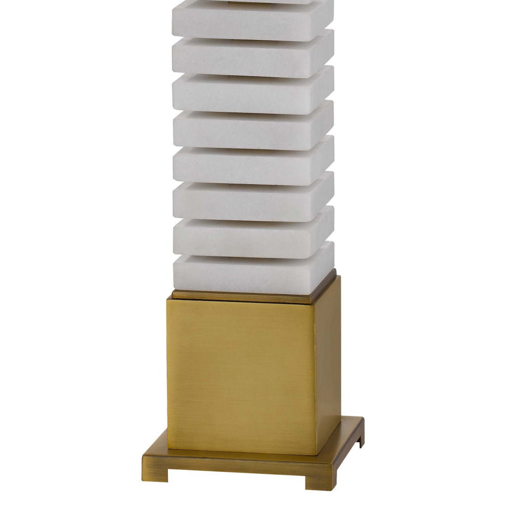 28 Inch Table Lamp White Drum Hardback Marble and Antique Brass Finish By Casagear Home BM313624