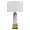 28 Inch Table Lamp, White Drum Hardback, Marble and Antique Brass Finish By Casagear Home