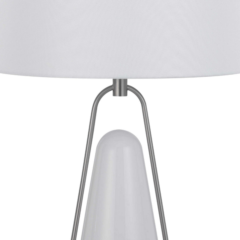 29 Inch Table Lamp LED Lit White Drum Hardback Silver Metal and Glass By Casagear Home BM313627