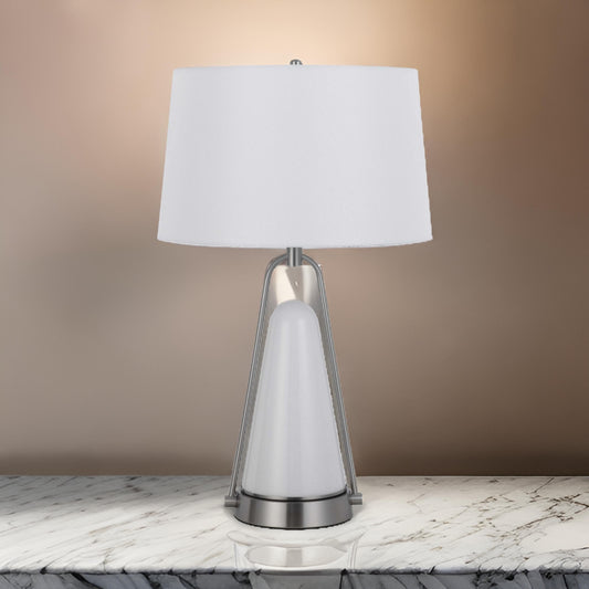 29 Inch Table Lamp, LED Lit, White Drum Hardback, Silver Metal and Glass By Casagear Home