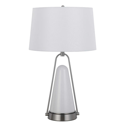 29 Inch Table Lamp, LED Lit, White Drum Hardback, Silver Metal and Glass By Casagear Home