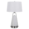 29 Inch Table Lamp, LED Lit, White Drum Hardback, Silver Metal and Glass By Casagear Home