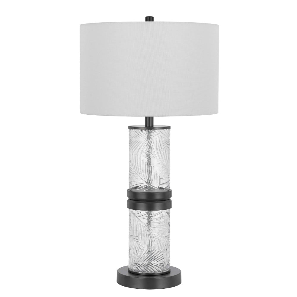 Hem 31 Inch Table Lamp with Drum Hardback, LED, Leafy Glass, Gray Metal By Casagear Home