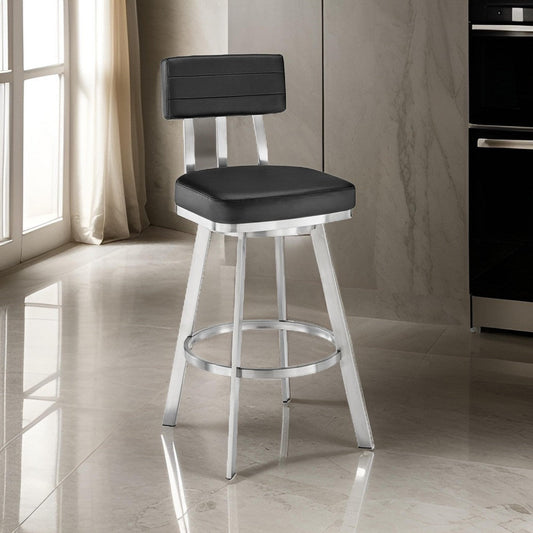 Poni 26 Inch Swivel Counter Stool Chair, Cushioned Seat, Black Faux Leather By Casagear Home