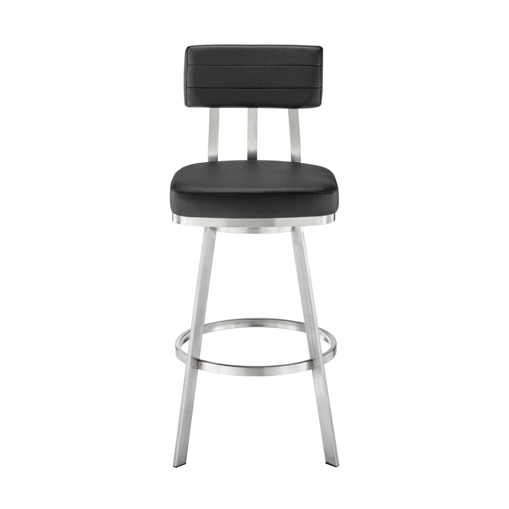 Poni 30 Inch Swivel Barstool Chair Cushioned Seating Black Faux Leather By Casagear Home BM313639