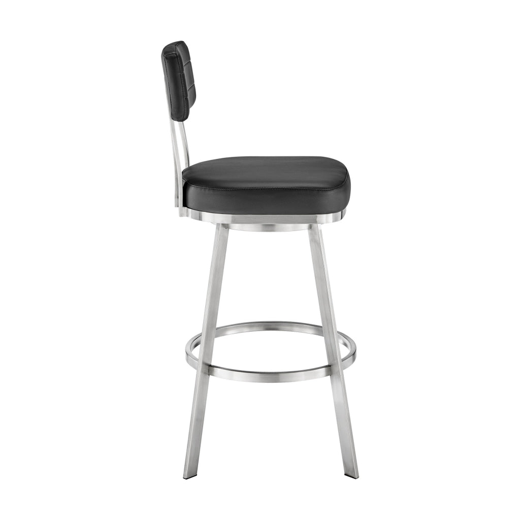 Poni 30 Inch Swivel Barstool Chair Cushioned Seating Black Faux Leather By Casagear Home BM313639