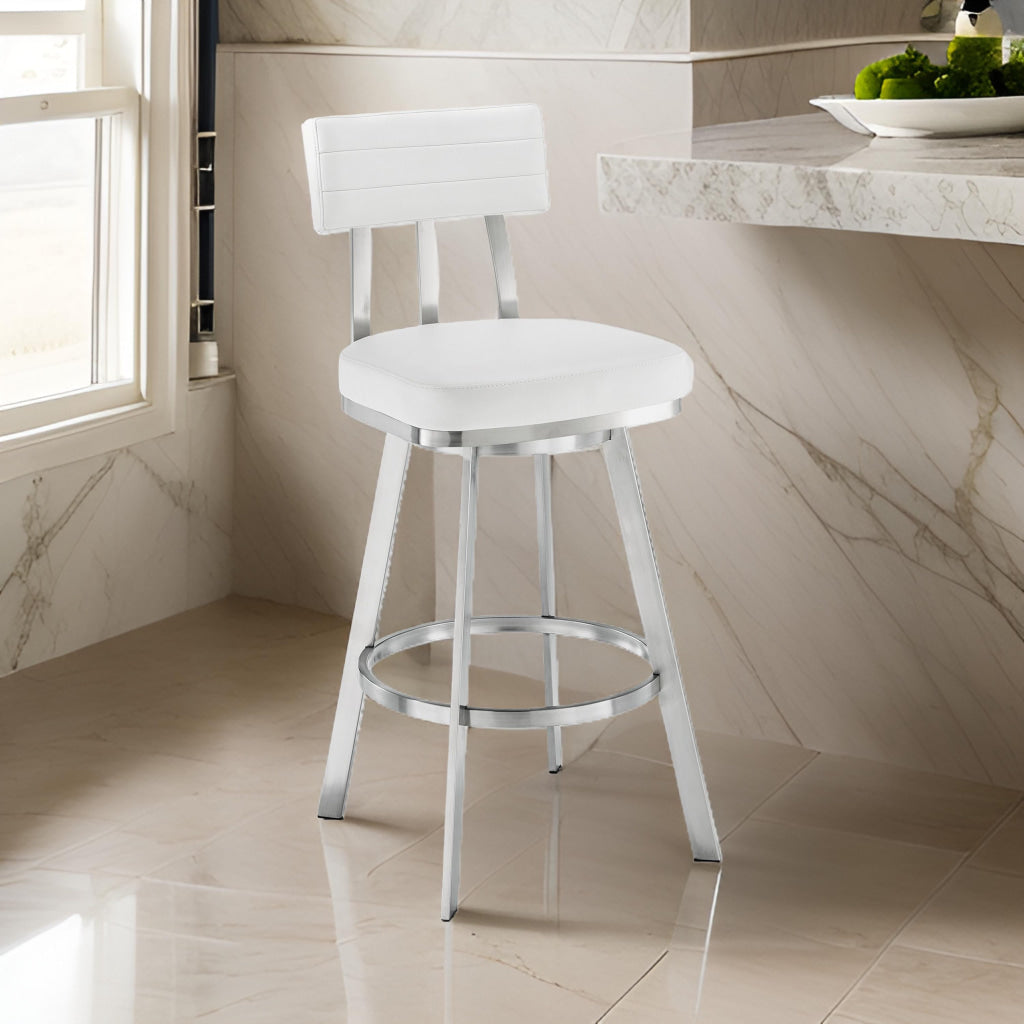 Poni 30 Inch Swivel Barstool Chair Cushioned Seating White Faux Leather By Casagear Home BM313641