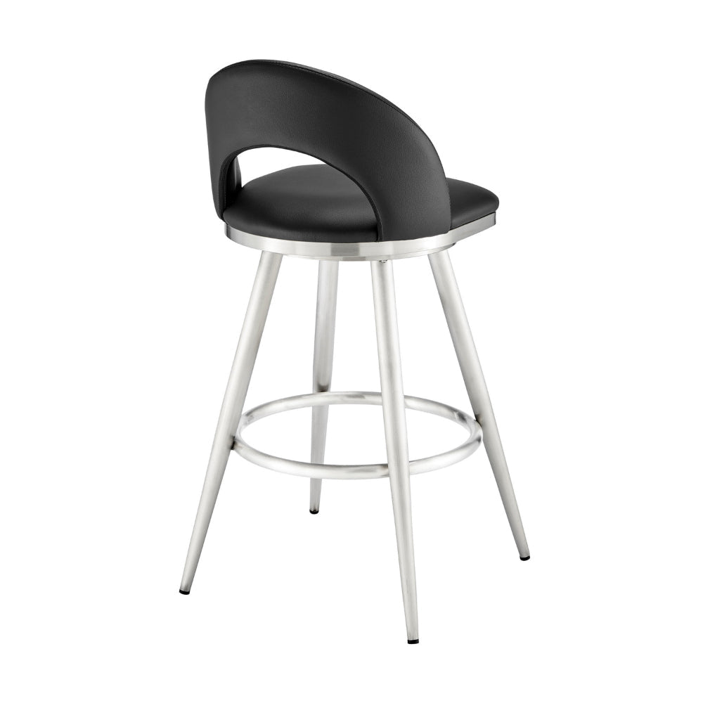 Visy 26 Inch Swivel Counter Stool Chair Round Back Black Faux Leather By Casagear Home BM313642