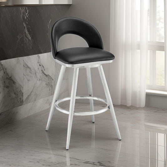 Visy 26 Inch Swivel Counter Stool Chair, Round Back, Black Faux Leather By Casagear Home