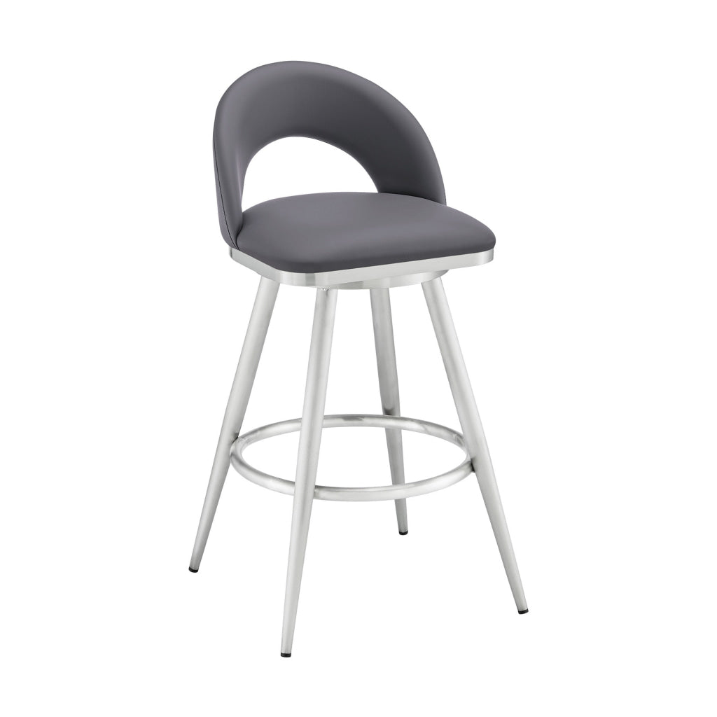 Visy 26 Inch Swivel Counter Stool Chair Round Back Gray Faux Leather By Casagear Home BM313643