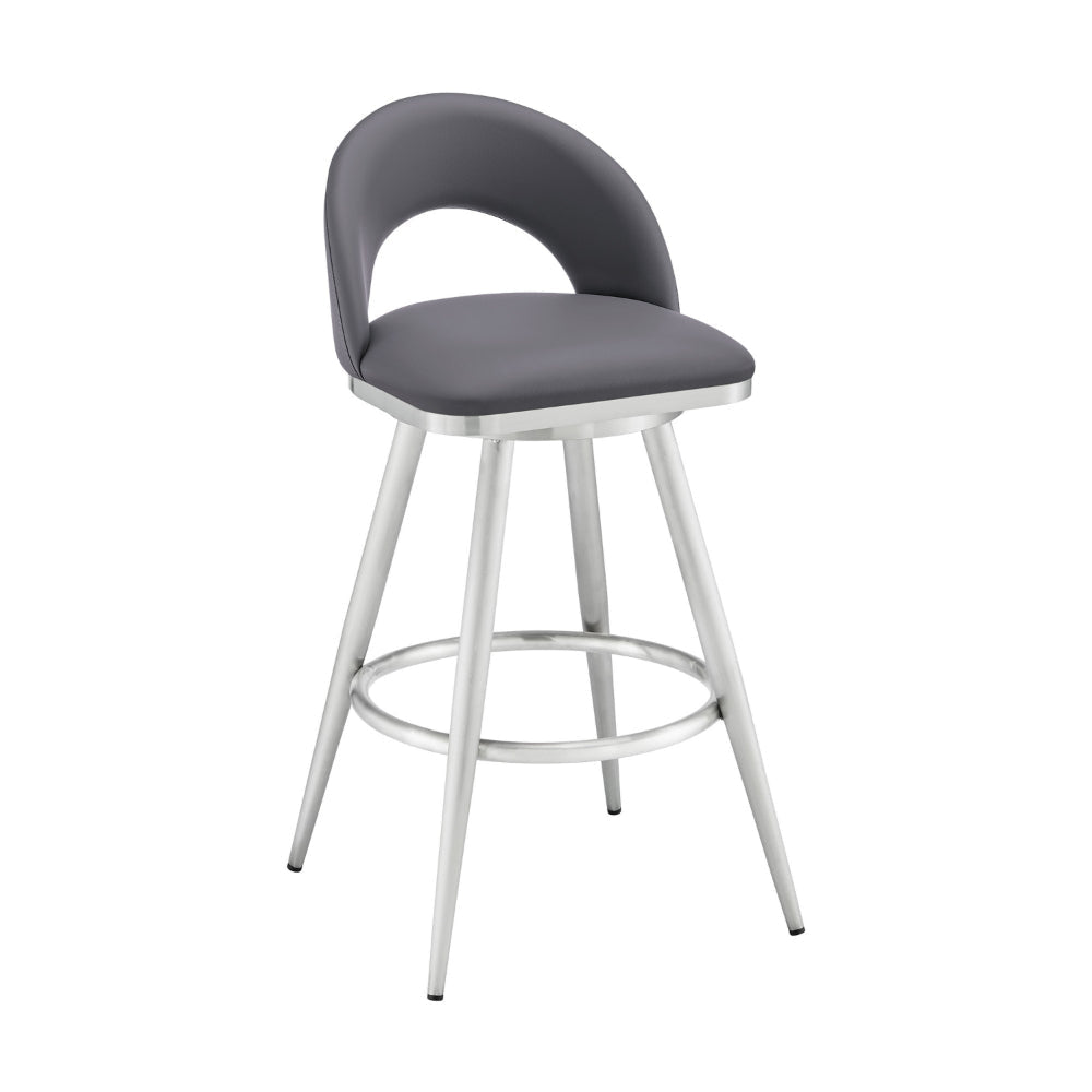 Visy 26 Inch Swivel Counter Stool Chair, Round Back, Gray Faux Leather By Casagear Home