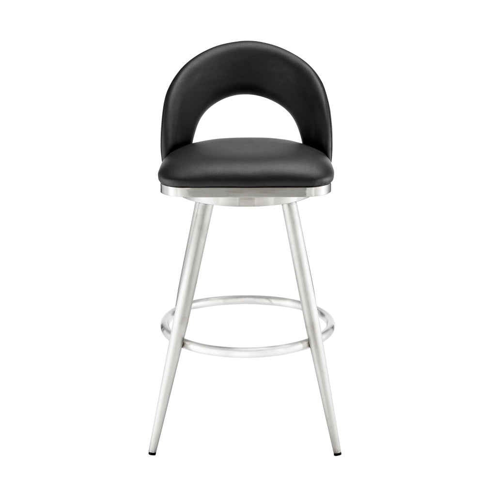 Visy 30 Inch Swivel Barstool Chair Round Open Back Black Faux Leather By Casagear Home BM313645